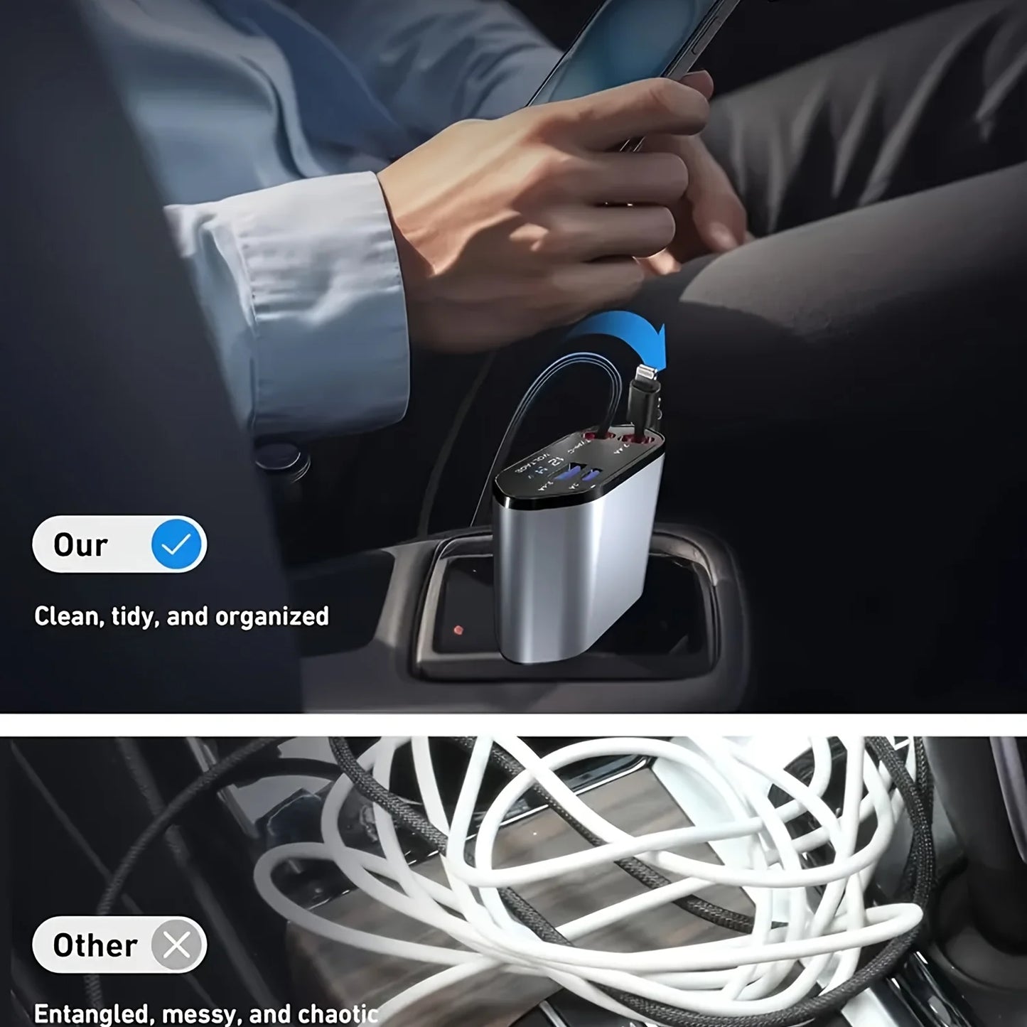 Retractable Car Charger 4 in 1 Fast Car Phone Charger 120W with USB Type C Cable